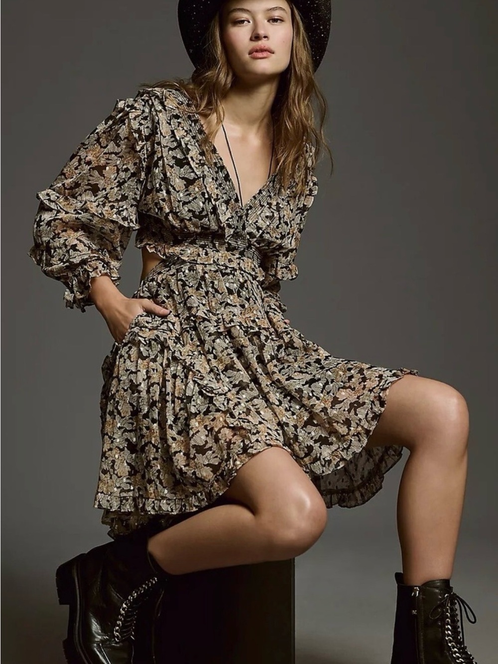 Floral Ruffle V-Neck Mini Dress in Beige Multi